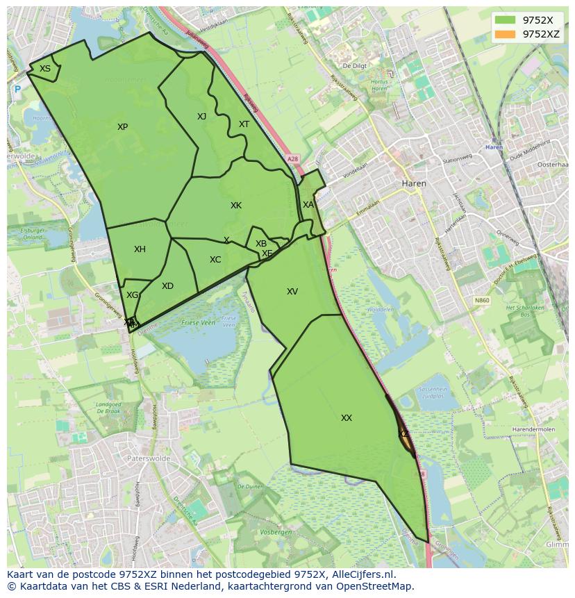 Afbeelding van het postcodegebied 9752 XZ op de kaart.