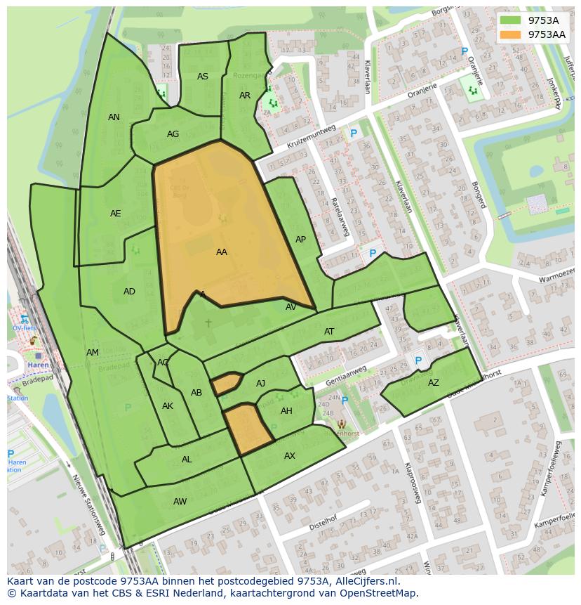 Afbeelding van het postcodegebied 9753 AA op de kaart.