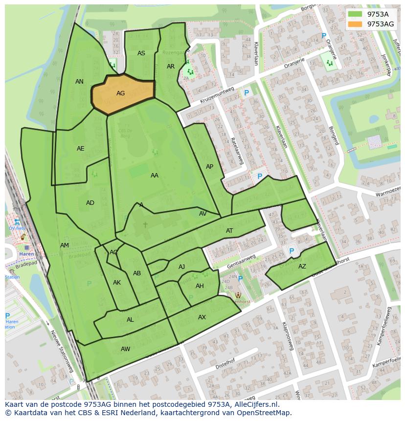 Afbeelding van het postcodegebied 9753 AG op de kaart.