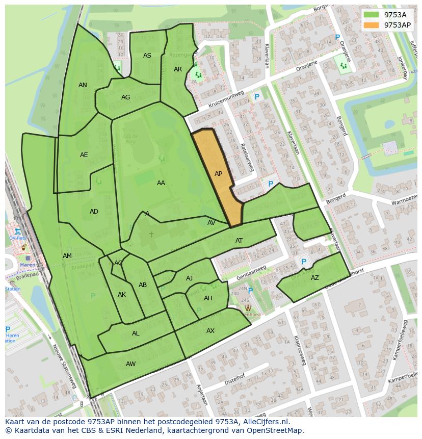 Afbeelding van het postcodegebied 9753 AP op de kaart.