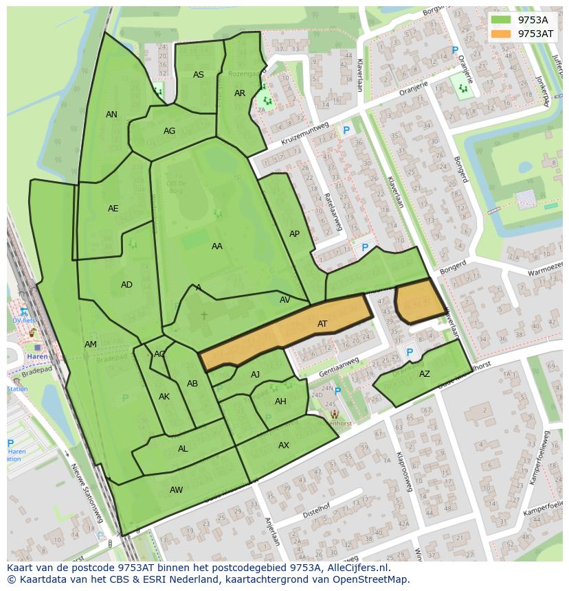 Afbeelding van het postcodegebied 9753 AT op de kaart.