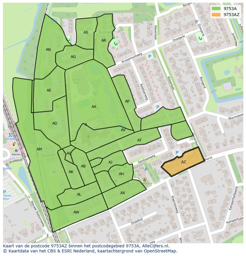 Afbeelding van het postcodegebied 9753 AZ op de kaart.