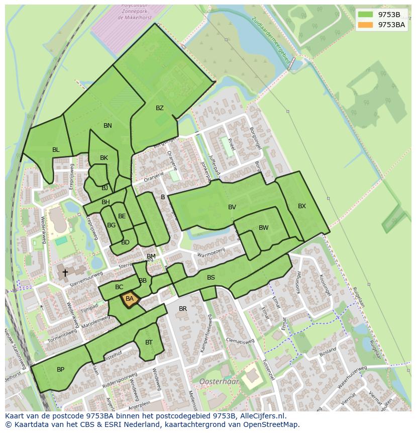 Afbeelding van het postcodegebied 9753 BA op de kaart.