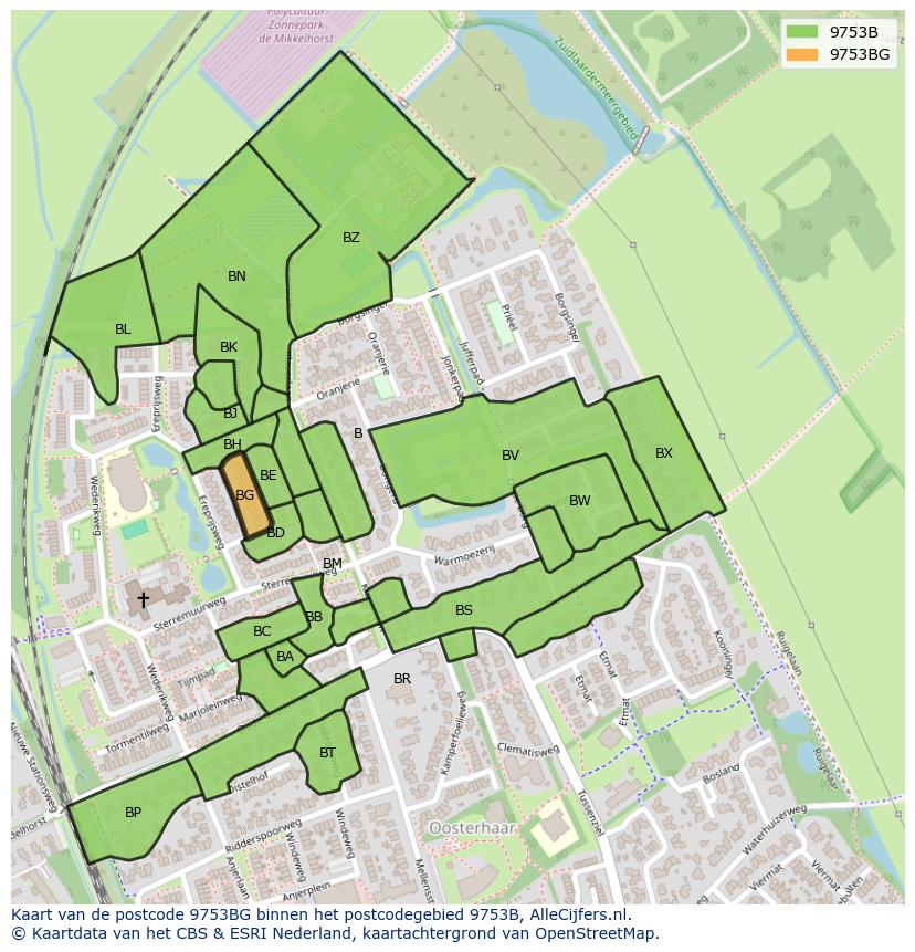Afbeelding van het postcodegebied 9753 BG op de kaart.