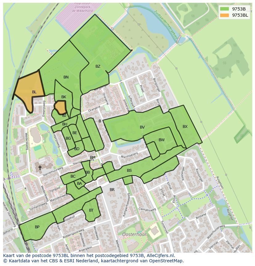 Afbeelding van het postcodegebied 9753 BL op de kaart.
