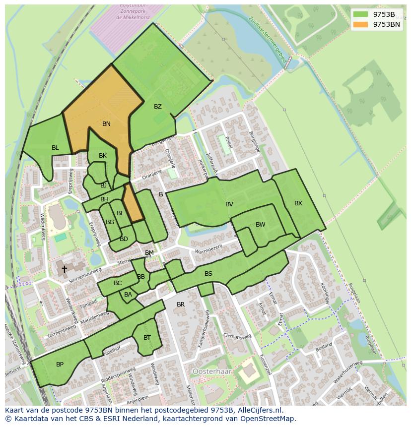 Afbeelding van het postcodegebied 9753 BN op de kaart.