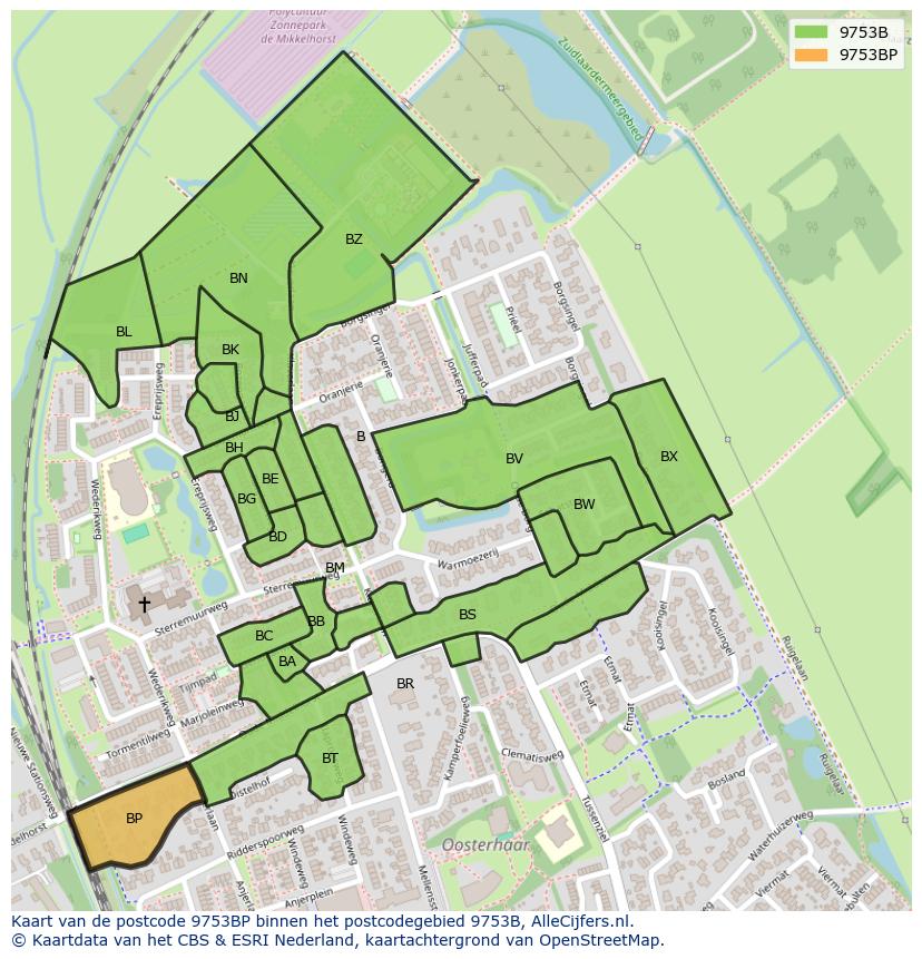 Afbeelding van het postcodegebied 9753 BP op de kaart.