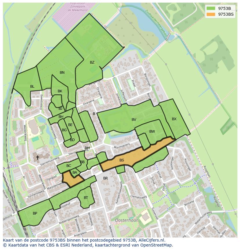 Afbeelding van het postcodegebied 9753 BS op de kaart.