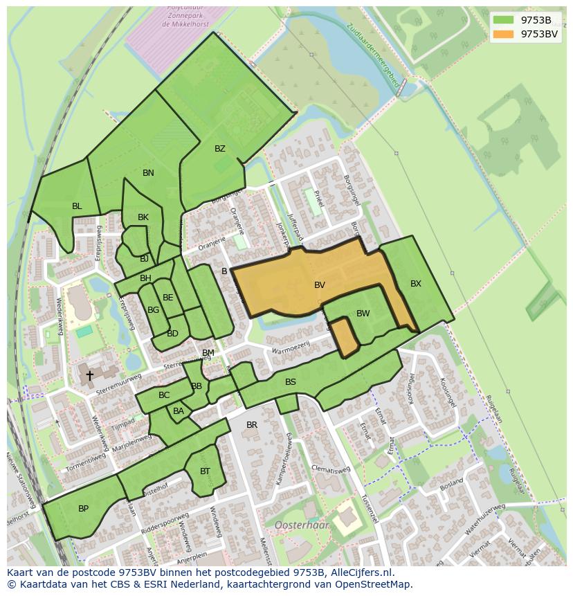 Afbeelding van het postcodegebied 9753 BV op de kaart.