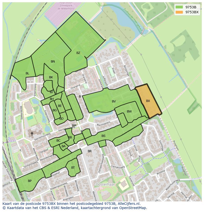 Afbeelding van het postcodegebied 9753 BX op de kaart.