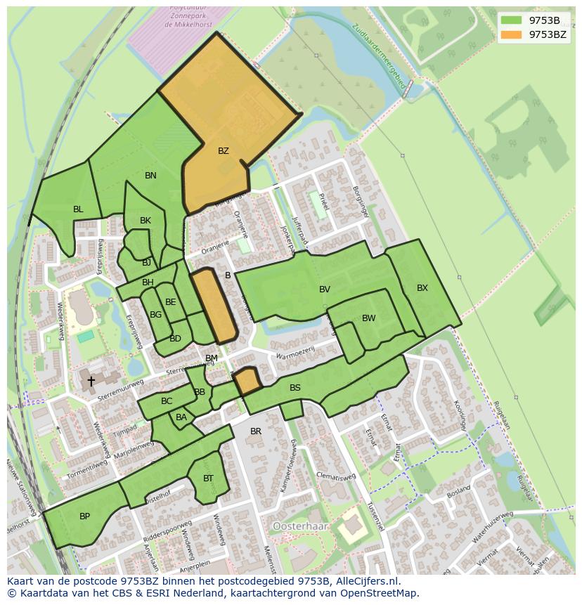 Afbeelding van het postcodegebied 9753 BZ op de kaart.