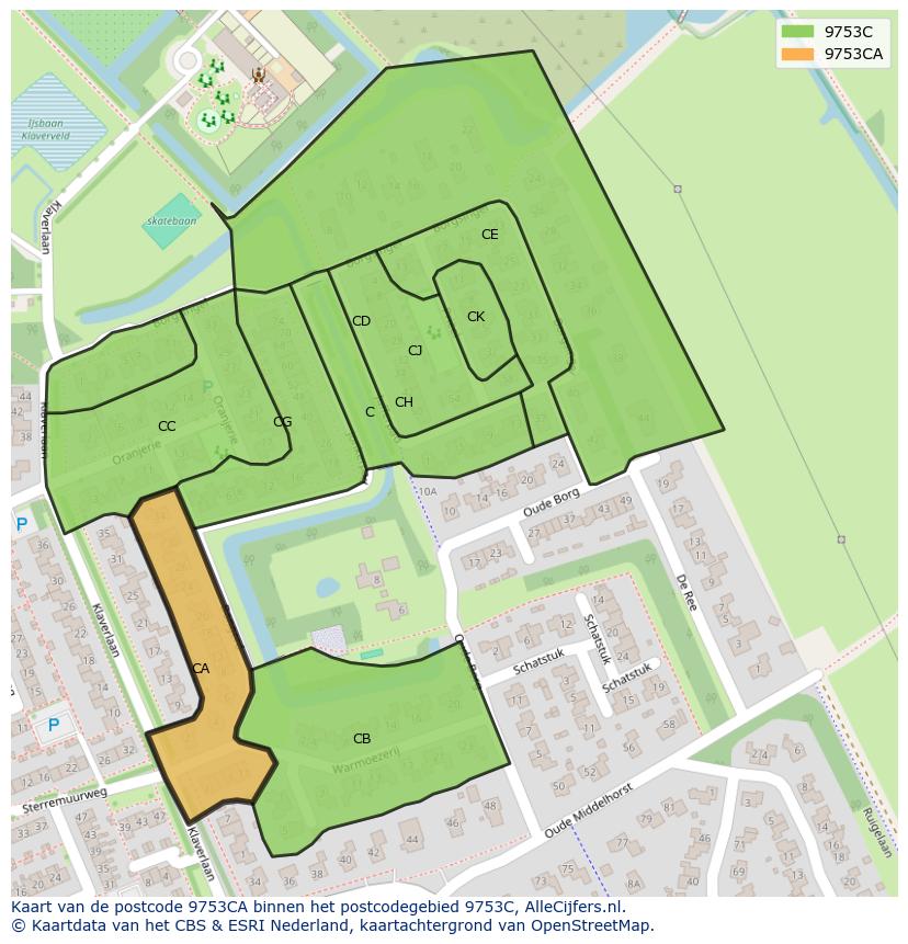 Afbeelding van het postcodegebied 9753 CA op de kaart.