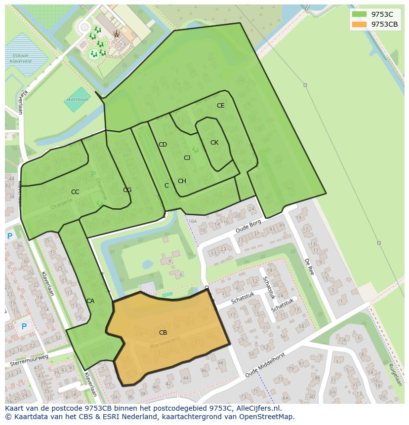 Afbeelding van het postcodegebied 9753 CB op de kaart.