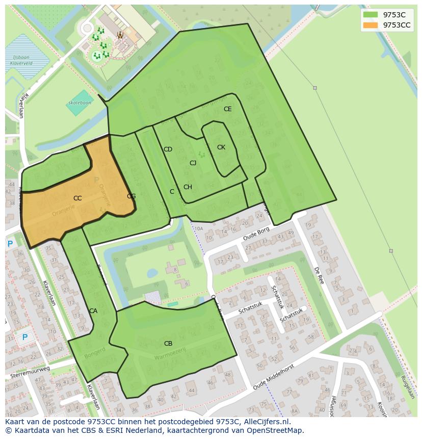 Afbeelding van het postcodegebied 9753 CC op de kaart.