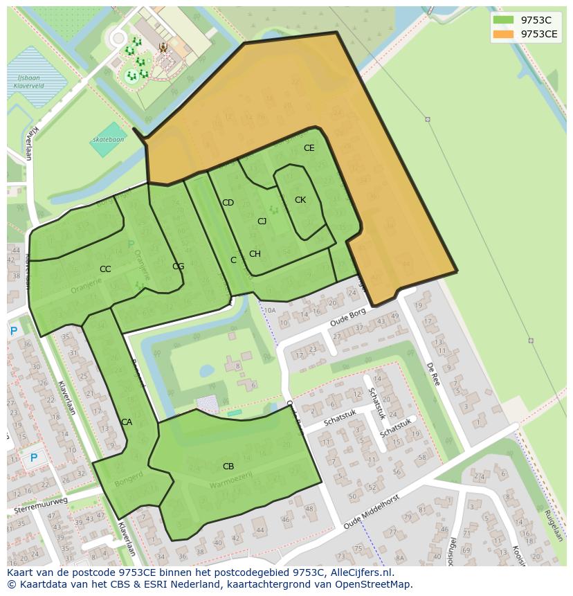 Afbeelding van het postcodegebied 9753 CE op de kaart.