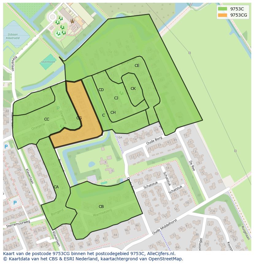 Afbeelding van het postcodegebied 9753 CG op de kaart.