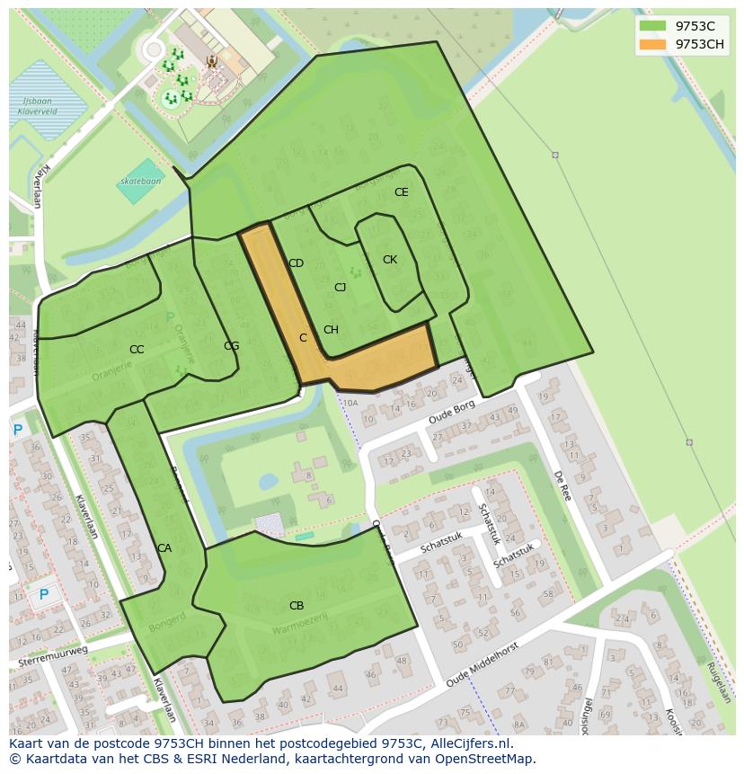 Afbeelding van het postcodegebied 9753 CH op de kaart.