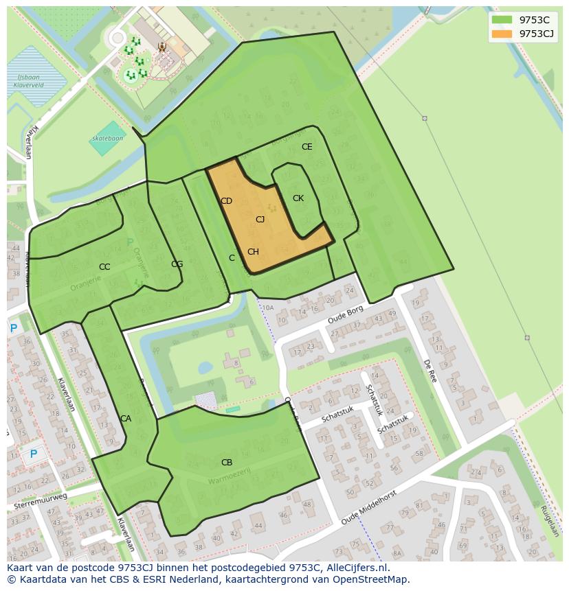 Afbeelding van het postcodegebied 9753 CJ op de kaart.