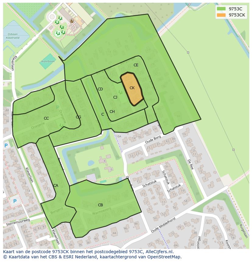Afbeelding van het postcodegebied 9753 CK op de kaart.