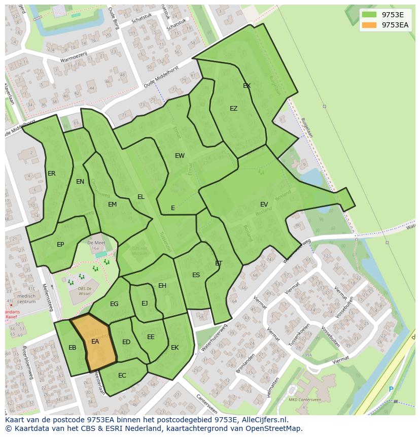 Afbeelding van het postcodegebied 9753 EA op de kaart.
