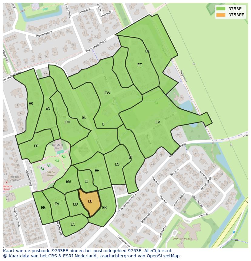 Afbeelding van het postcodegebied 9753 EE op de kaart.