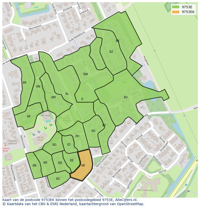 Afbeelding van het postcodegebied 9753 EK op de kaart.