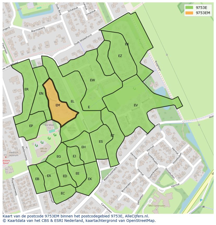 Afbeelding van het postcodegebied 9753 EM op de kaart.