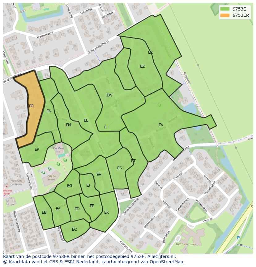 Afbeelding van het postcodegebied 9753 ER op de kaart.