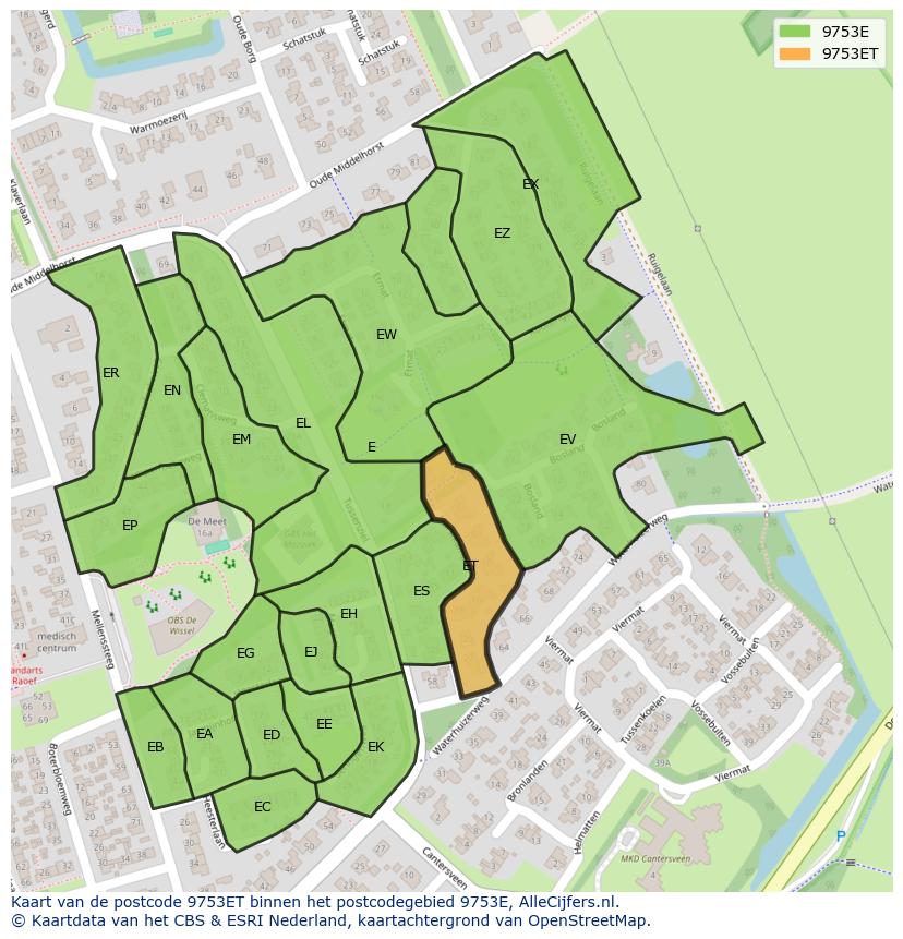 Afbeelding van het postcodegebied 9753 ET op de kaart.