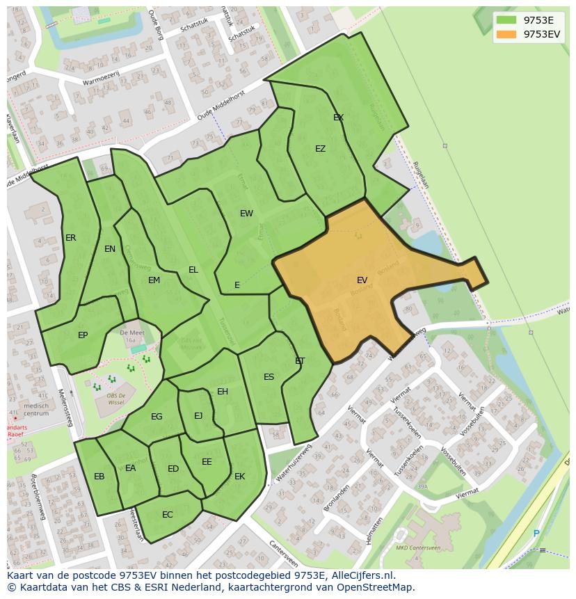 Afbeelding van het postcodegebied 9753 EV op de kaart.