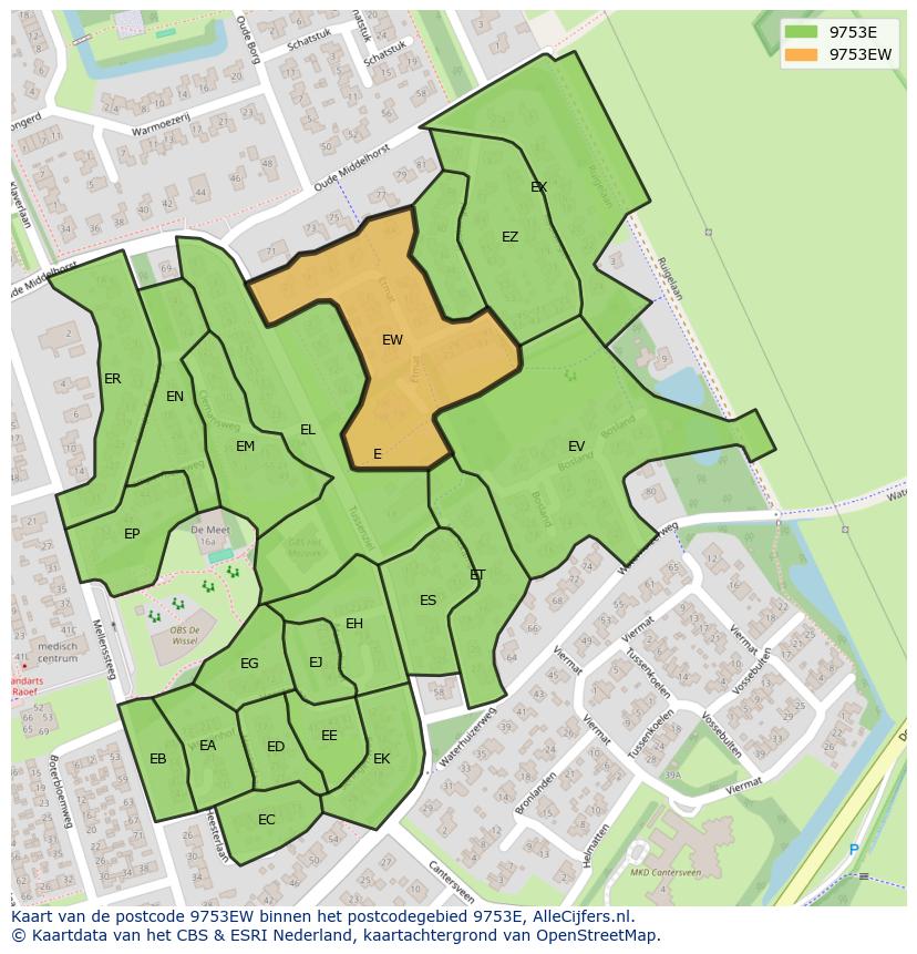 Afbeelding van het postcodegebied 9753 EW op de kaart.