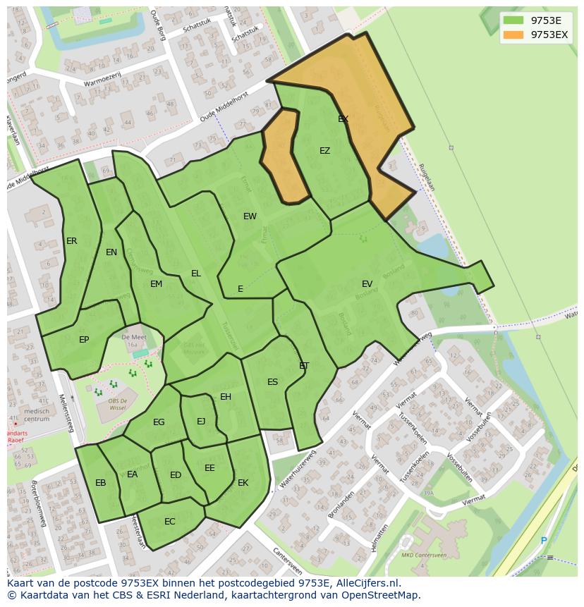 Afbeelding van het postcodegebied 9753 EX op de kaart.