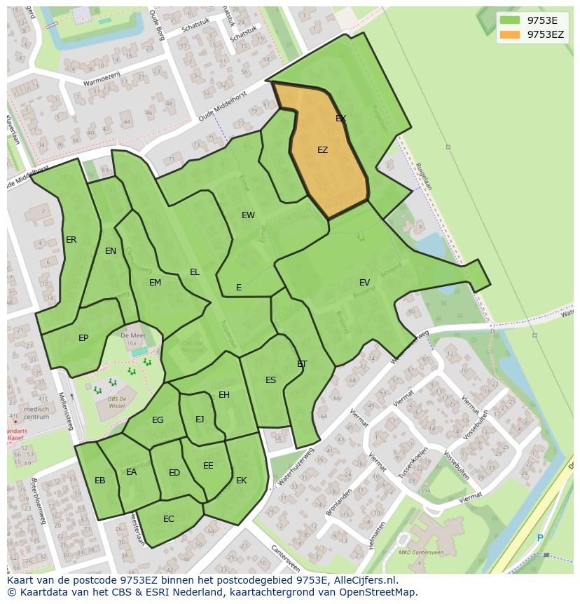 Afbeelding van het postcodegebied 9753 EZ op de kaart.