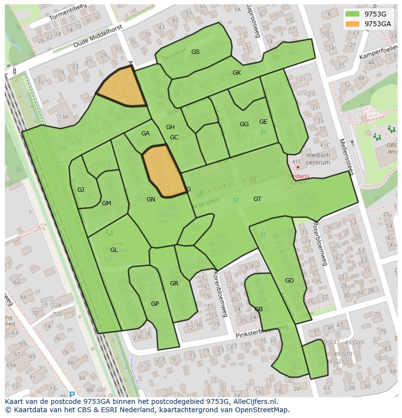 Afbeelding van het postcodegebied 9753 GA op de kaart.