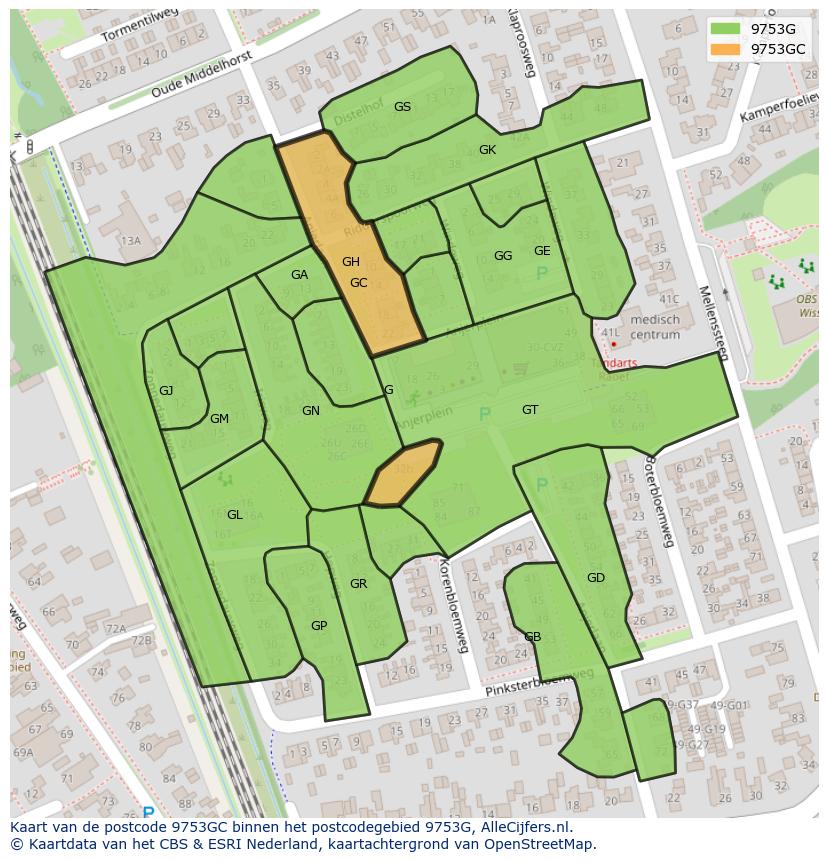 Afbeelding van het postcodegebied 9753 GC op de kaart.