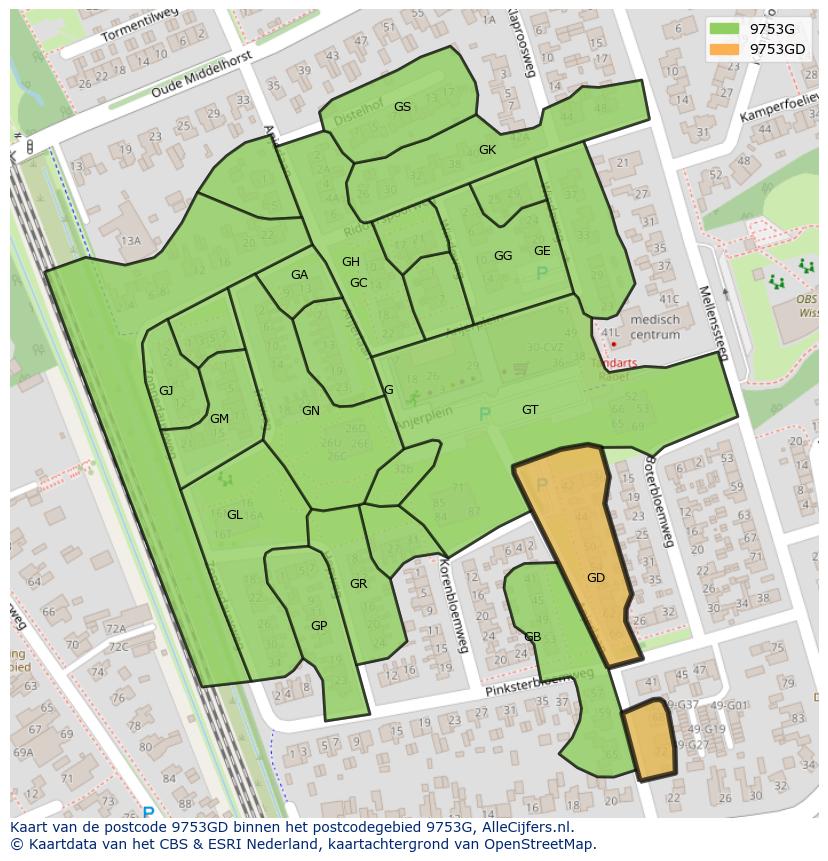 Afbeelding van het postcodegebied 9753 GD op de kaart.