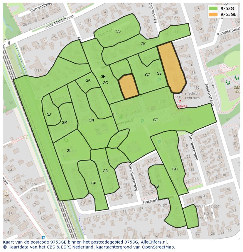 Afbeelding van het postcodegebied 9753 GE op de kaart.
