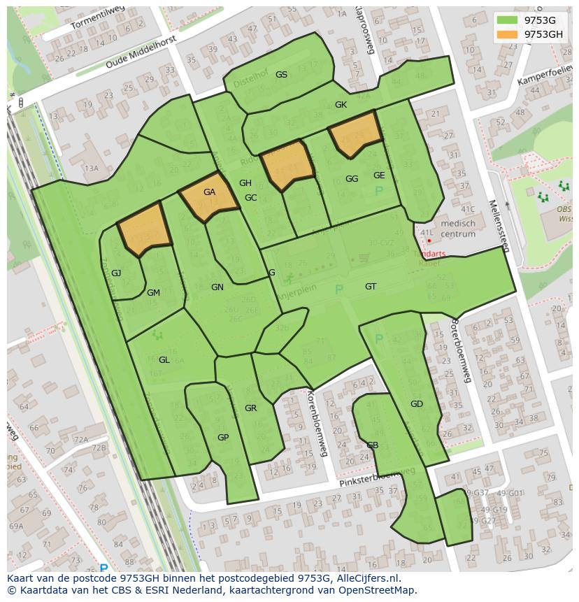 Afbeelding van het postcodegebied 9753 GH op de kaart.