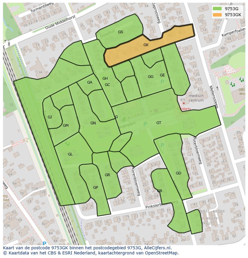 Afbeelding van het postcodegebied 9753 GK op de kaart.