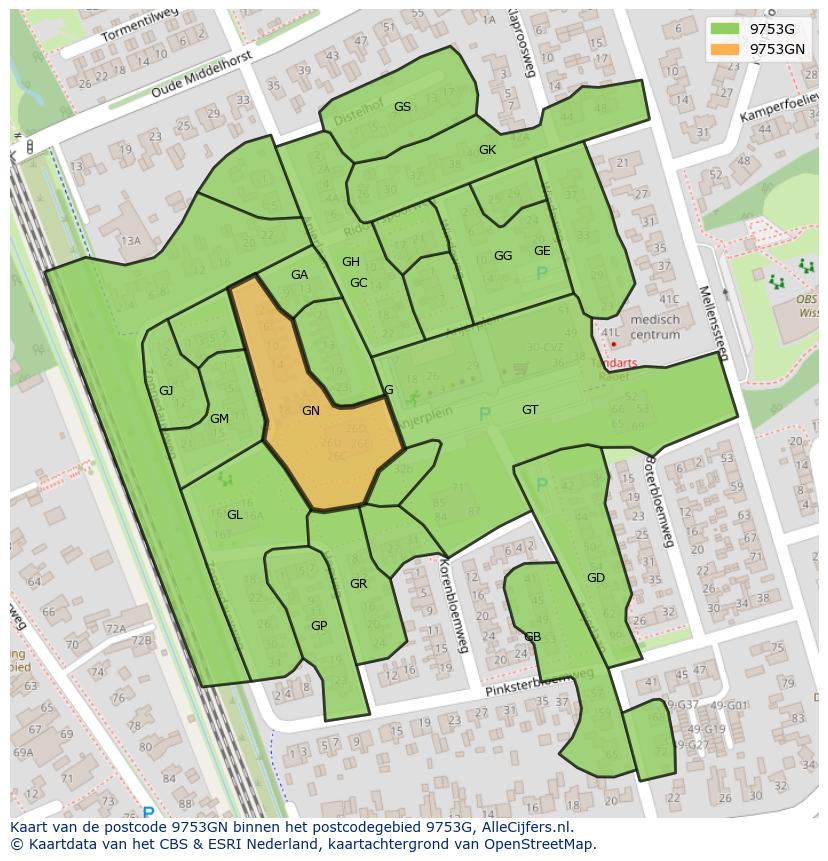 Afbeelding van het postcodegebied 9753 GN op de kaart.