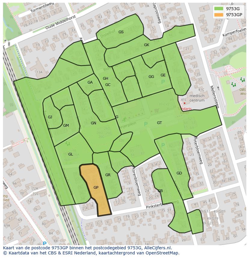 Afbeelding van het postcodegebied 9753 GP op de kaart.