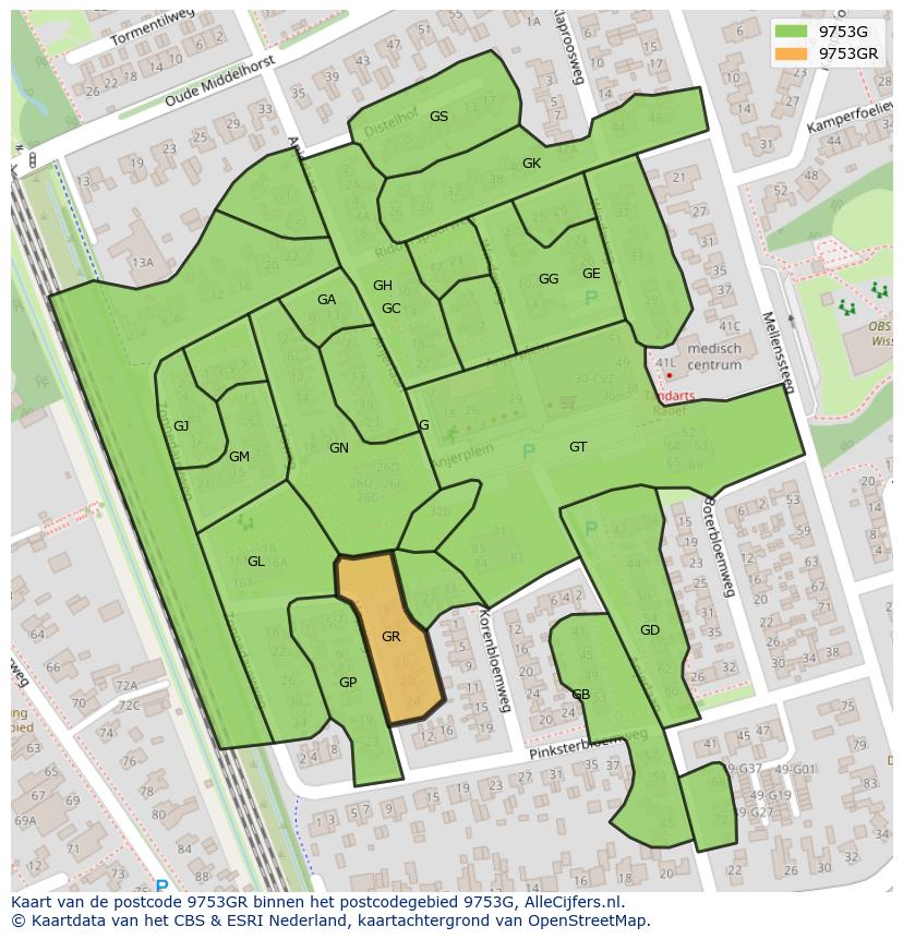 Afbeelding van het postcodegebied 9753 GR op de kaart.