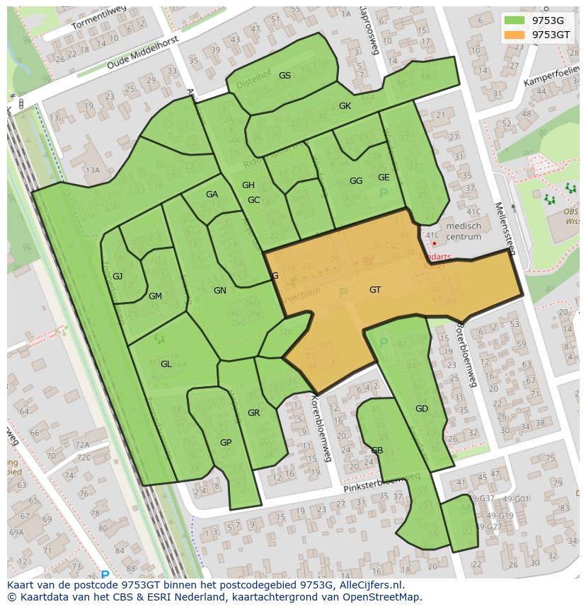 Afbeelding van het postcodegebied 9753 GT op de kaart.