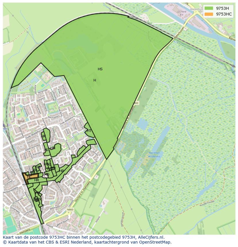 Afbeelding van het postcodegebied 9753 HC op de kaart.