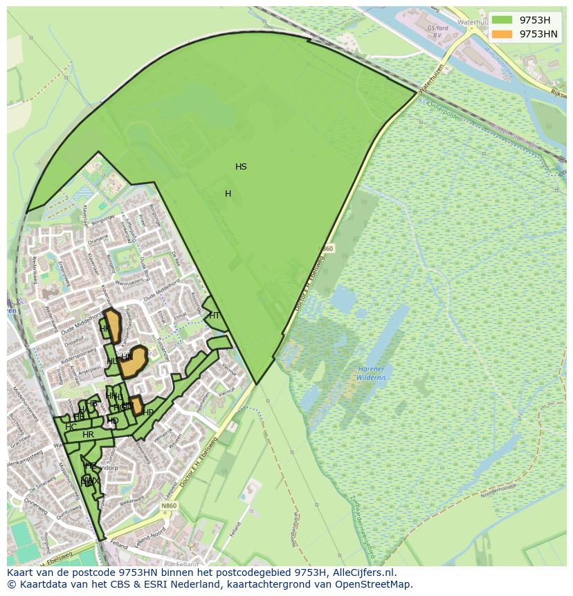 Afbeelding van het postcodegebied 9753 HN op de kaart.