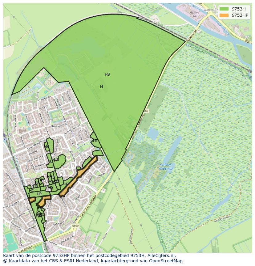 Afbeelding van het postcodegebied 9753 HP op de kaart.