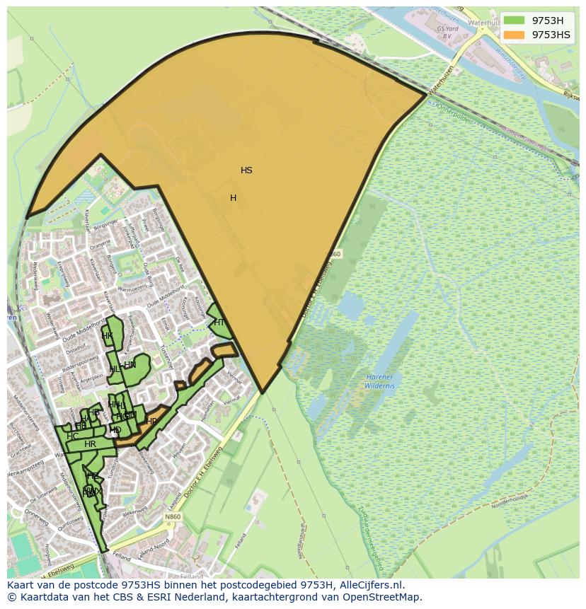 Afbeelding van het postcodegebied 9753 HS op de kaart.