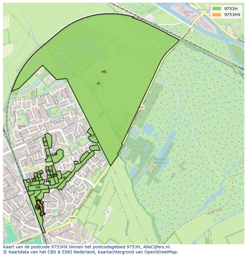 Afbeelding van het postcodegebied 9753 HX op de kaart.