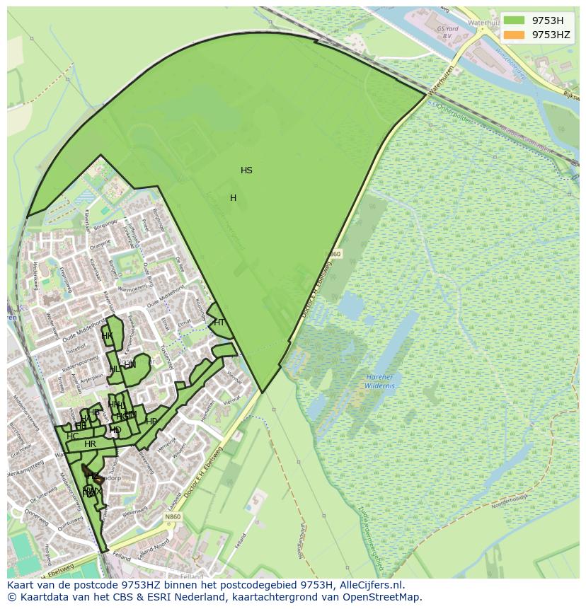 Afbeelding van het postcodegebied 9753 HZ op de kaart.