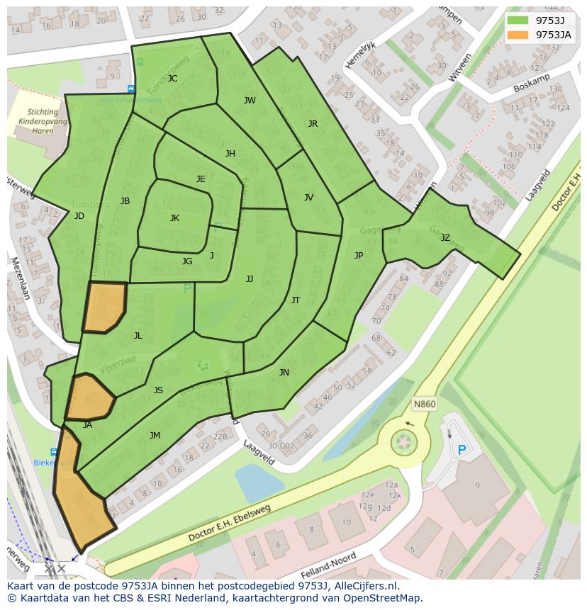 Afbeelding van het postcodegebied 9753 JA op de kaart.